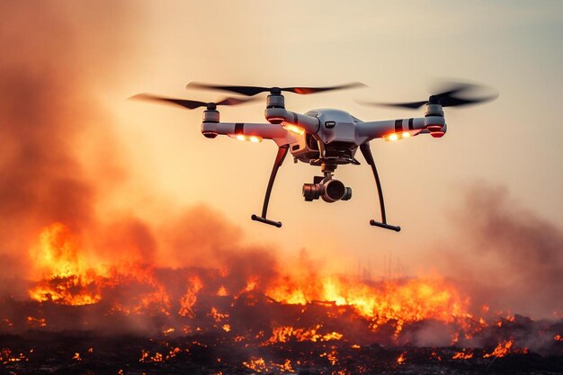 Photo a white drone flying over a field of fire