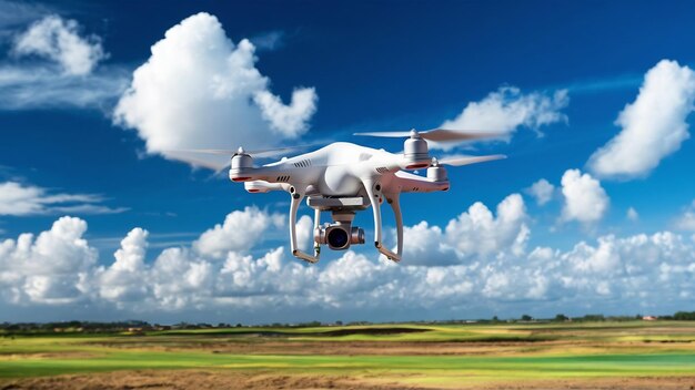 White drone hovering in a bright blue sky