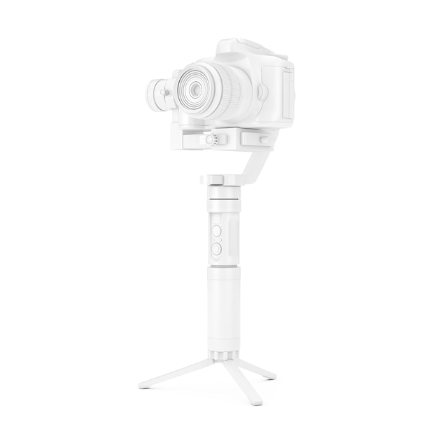 흰색 DSLR 또는 비디오 카메라 짐벌 안정화 삼각대 시스템은 흰색 배경에 클레이 스타일로 조롱됩니다. 3d 렌더링