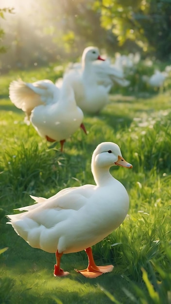 White duck on green grass