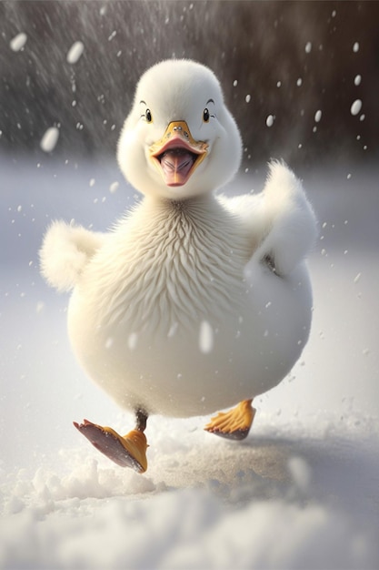 white duck in snow happy