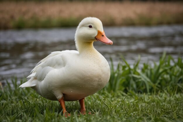 a white duck standing in a field