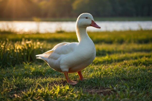 a white duck standing in a field