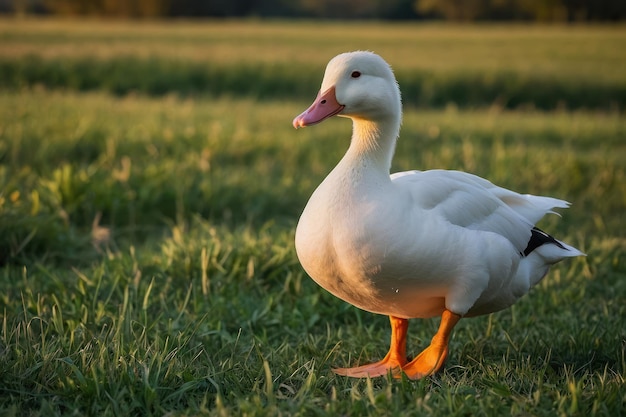 a white duck standing in a field