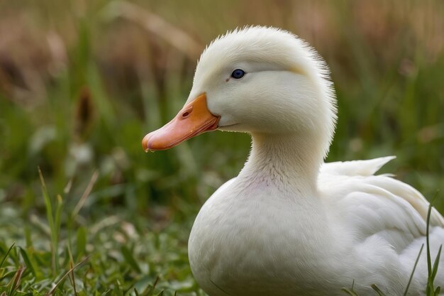 a white duck standing in a field