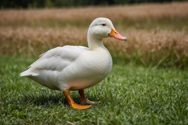 a white duck standing in a field