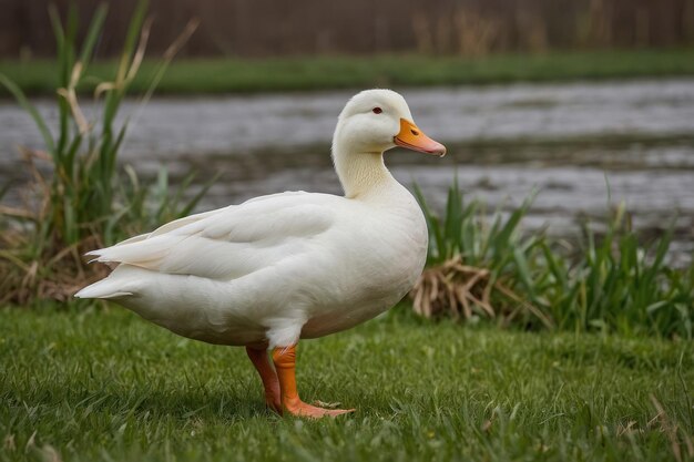 a white duck standing in a field