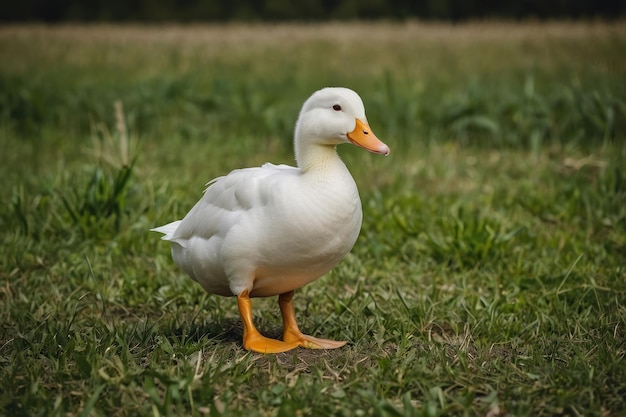 a white duck standing in a field