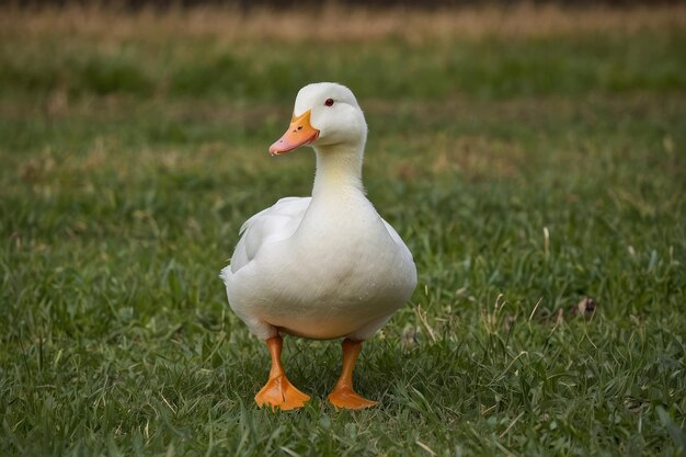 a white duck standing in a field