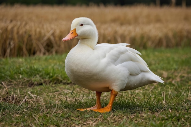 a white duck standing in a field