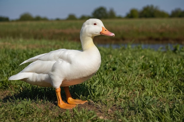 a white duck standing in a field