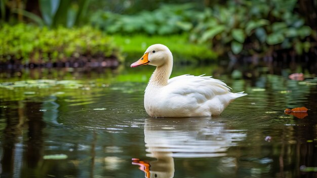 A white duck waddling across a pond AI generated