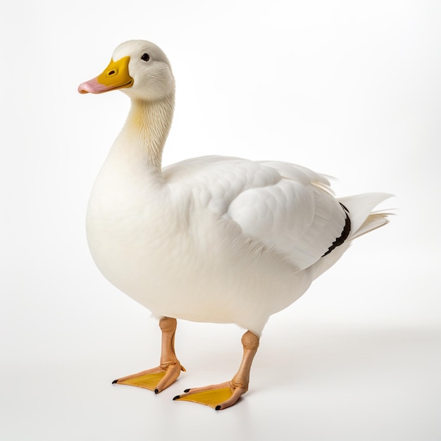 A white duck with a black beak and orange beak stands against a white background