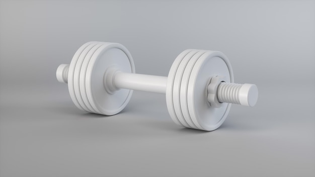 White Dumbbell on a Soft Gray Studio Background Sport Concept Monochrome 3D Render