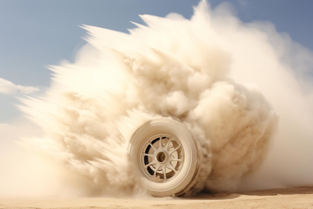 写真 車の車輪から白い塵の煙の雲