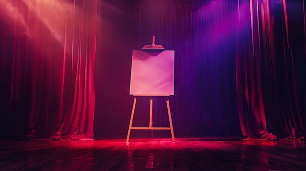 A white easel in front of a stage