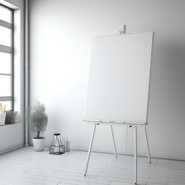 White easel with a blank canvas in the interior 3d render