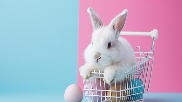 White easter bunny rabbit with shopping basket and painted eggs on blue and pink ai generative