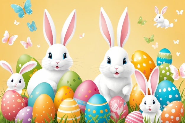 Белые пасхальные кролики в разных позах и иллюстрация пасхальных яиц на цветном фоне