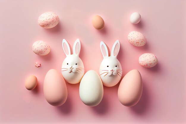 White easter eggs with ears on pink paper Generative AI