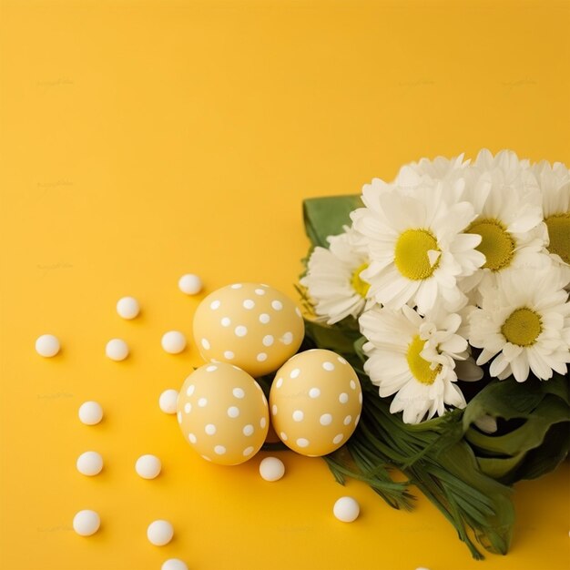 White easter eggs with polka dots on a yellow background