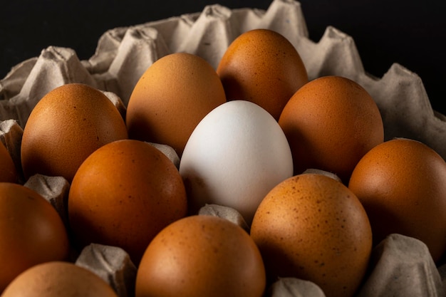 White egg in an egg box white egg among other eggs stand out in the heap