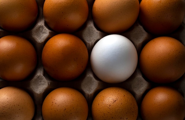Белое яйцо в коробке из-под яиц Белое яйцо среди других яиц Выделиться в куче