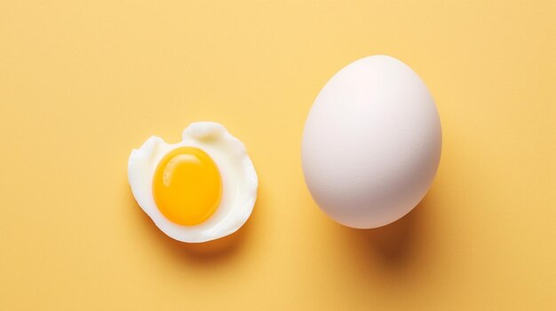 White egg and egg yolk on the yellow background