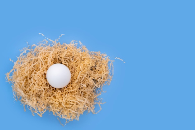 Photo a white egg in a homemade nest on a blue background easter minimal creative composition happy easter holiday