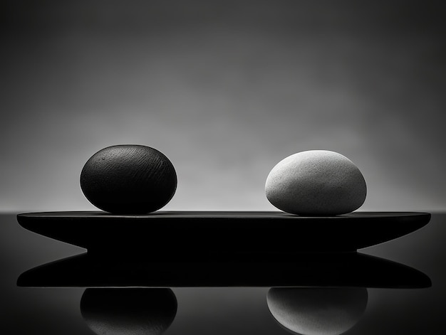 A white egg sits on a plate next to a black egg.