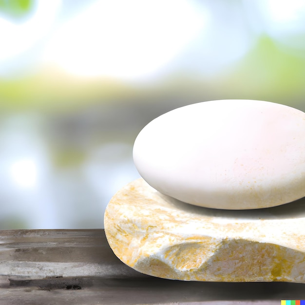 A white egg sits on a rock on a table.