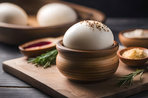 A white egg with a black speckled top sits on a wooden tray with other bowls