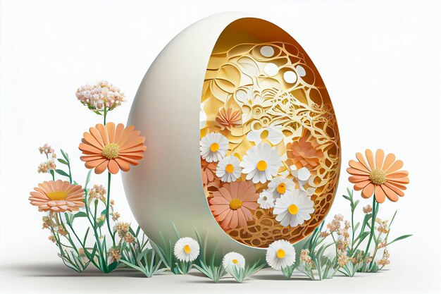 White egg with holes in eggshell and flowers inside on white background AI generated