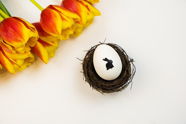 White egg with a pattern of a rabbit in a nest with red tulips on a white background easter greeting card