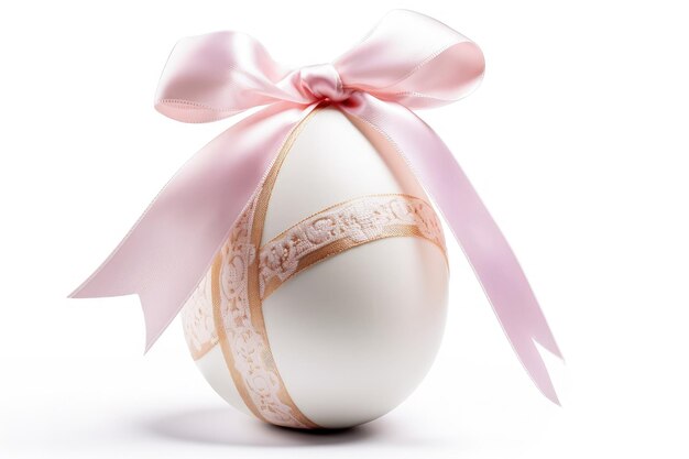 White egg with a pink ribbon tied around it on a pastel colored background created with Generative AI technology