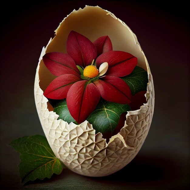 A white egg with a red flower inside of it.