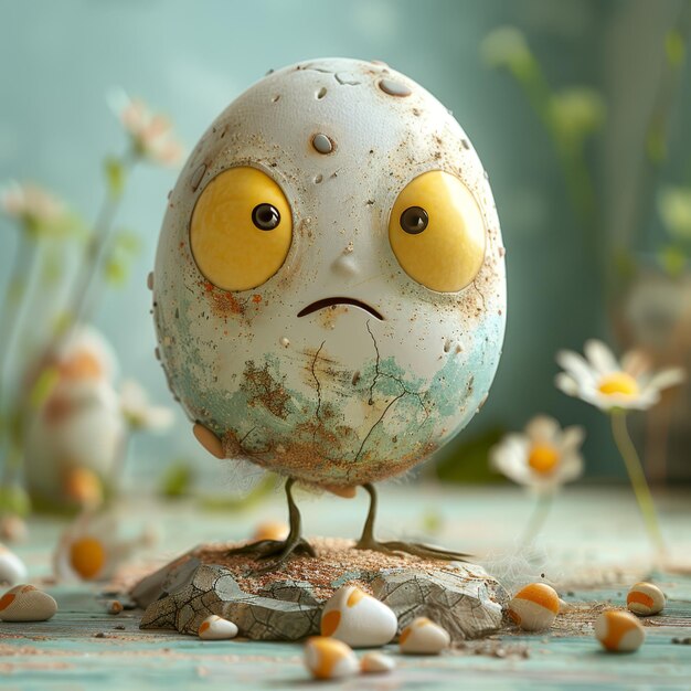 Photo a white egg with yellow eyes and a sad face sits on a table