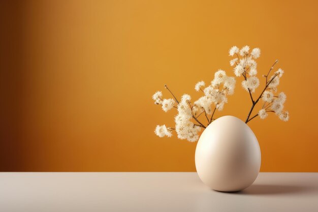 Photo a white egg on a yellow background egg with a flower sprig on a bright minimalistic background white
