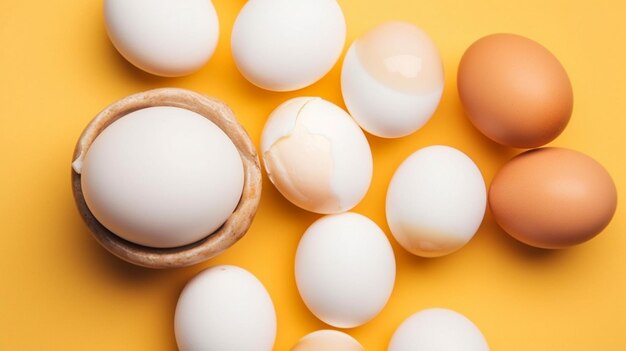 White eggs and egg yolk on the yellow background