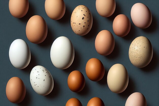 White eggs on gray background and chicken hatching from\
egg