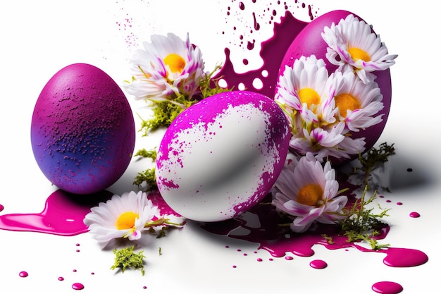 White eggs with flower with splash magenta paint Holiday draw egg