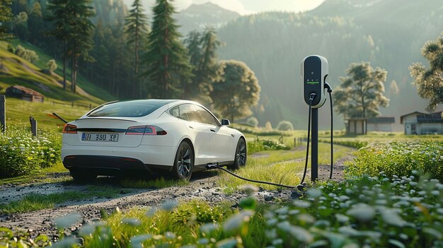 A white electric car charges at a standalone EV charger surrounded by lush green meadows and scenic mountain views in the background