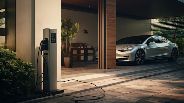 A White Electric Car Parked in Front of a Building