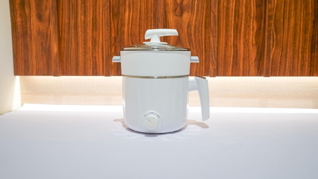 A white electric steamer is a kitchen appliance used for steaming food