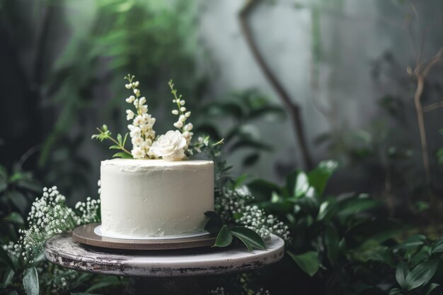 写真 緑と花で飾られた白いエレガントなケーキ generative ai
