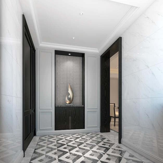 White elegant corridor leading to the room 3D rendering 3D image