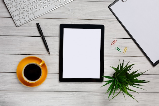 White elegant desktop from above - business tools - office design - studio shot - top view