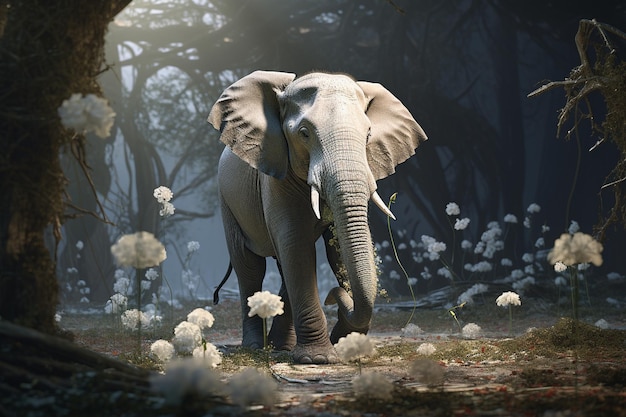 Photo a white elephant walking on a beautiful soul forest