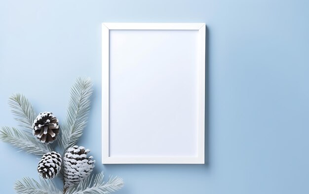 Photo white empty blank frame winter mockup christmas decorations