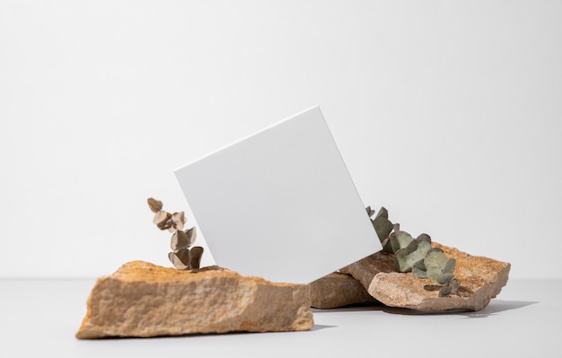 White empty box on texture stones with eucalyptus on light background with shadow